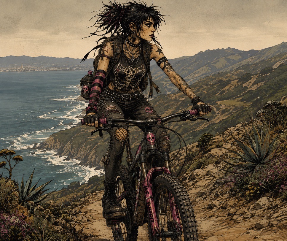 Ink-and-wash illustration of a rider on a mountain bike on a fire road above the Pacific, with San Francisco visible across the water.
