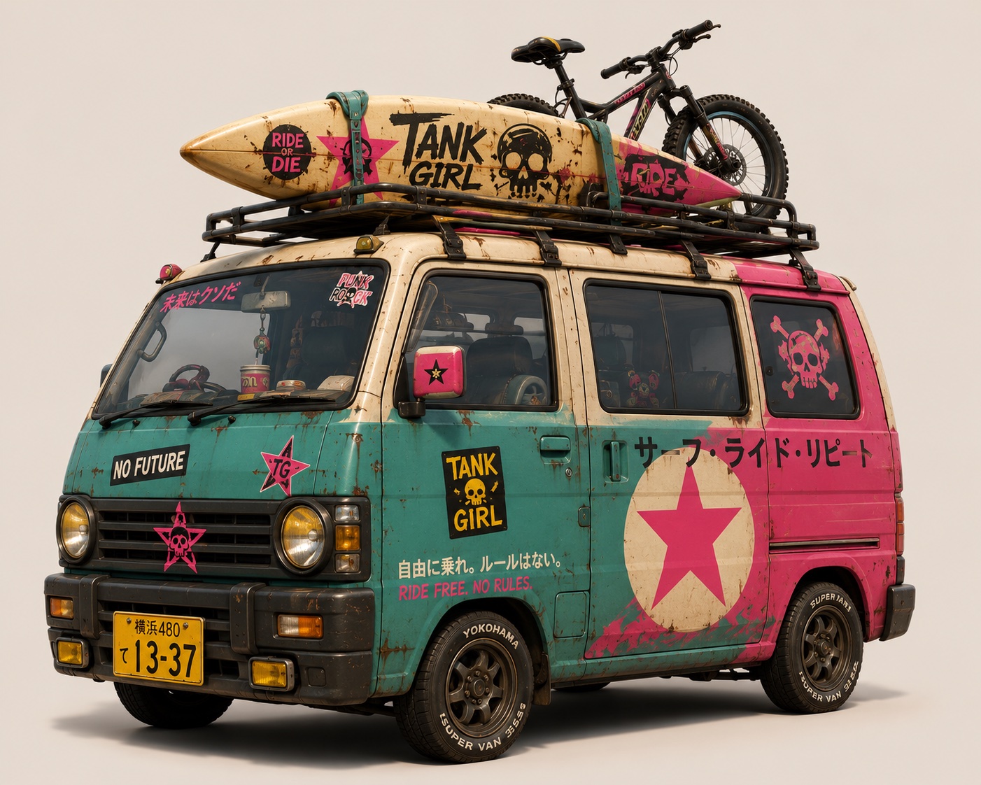 Illustrated Tank Girl-style punk van with a surfboard and a mountain bike strapped to the roof rack.
