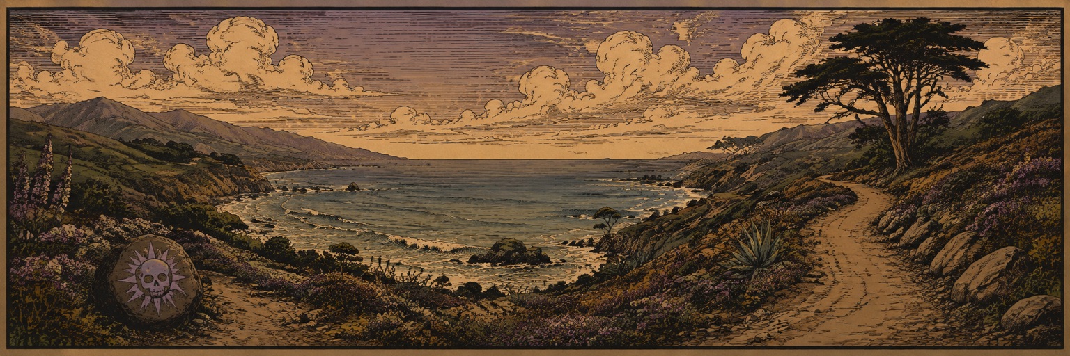 Vintage woodcut-style illustrated coastal panorama in warm sepia tones, with a skull-and-sun waymarker overlooking the shoreline.