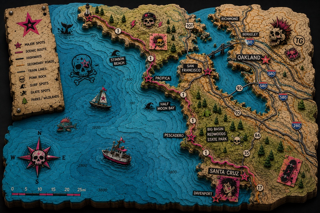 Punk, skull-themed 3D corkboard relief map of the San Francisco Bay Area coastline, marked with surf and skate spot pins.