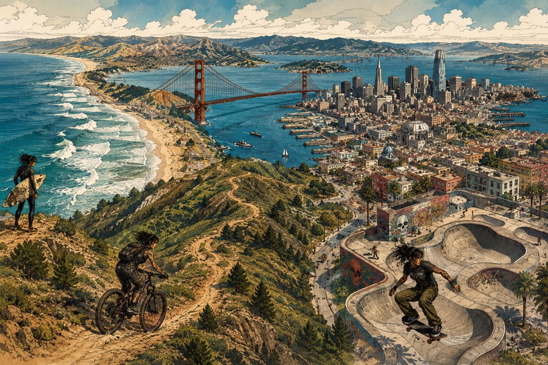 Painterly illustrated overlook of a surfer, a mountain biker and a skater standing above the Golden Gate Bridge and the San Francisco skyline.
