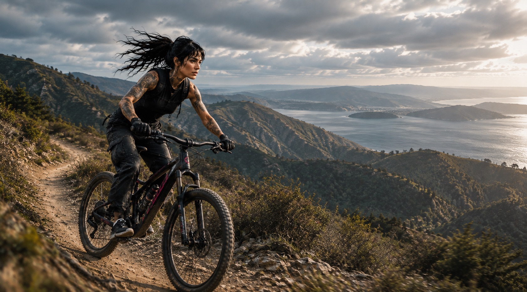 Photoreal mountain biker descending a ridge trail above the bay at dusk.