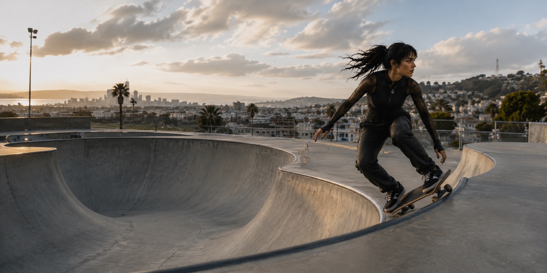 Photoreal skater carving a concrete bowl at golden hour, San Francisco skyline behind.