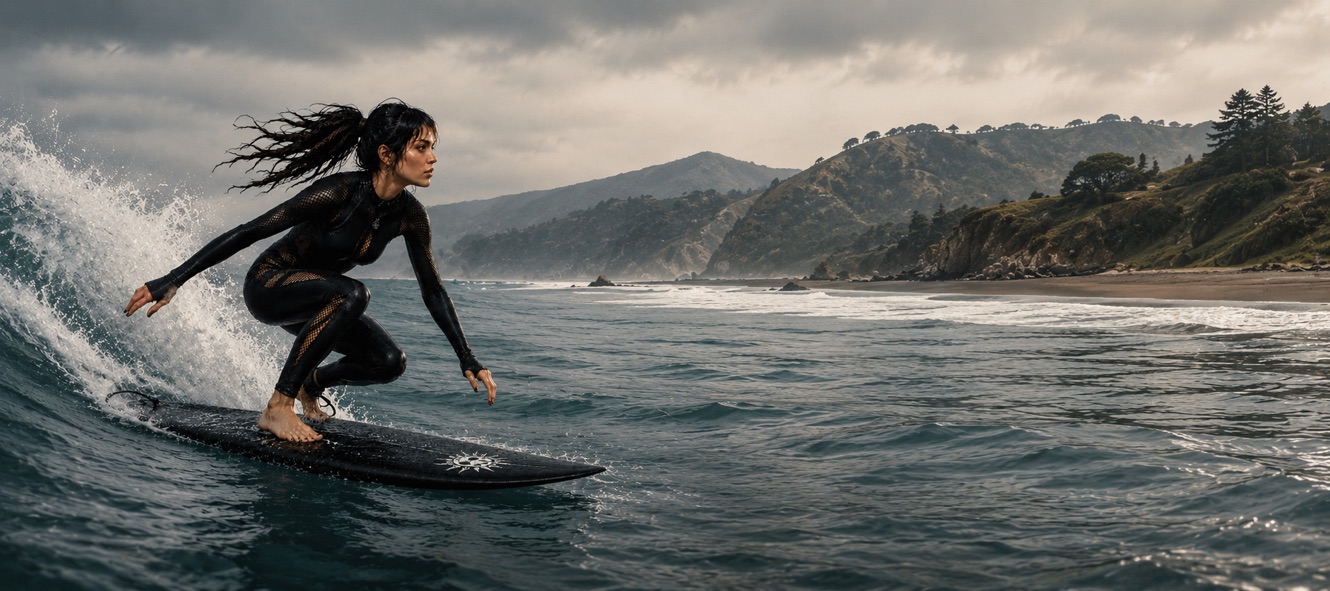 Photoreal surfer dropping in on a wave, moody coastline behind.